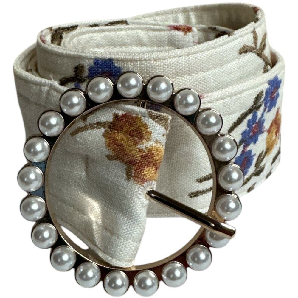Ivory Fabric Floral Print Pearl Round Buckle Belt Women's S/M 39.5" Length